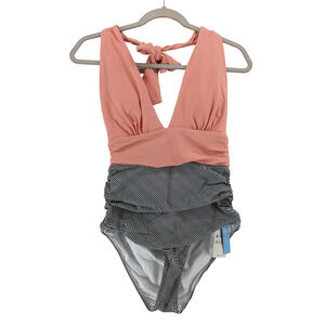 Cupshe One Piece Swimsuit M Pink Halter Plunging Neck Ruched Striped Bottom Swim